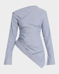 Asymmetric Pinstripe Button-Sleeve Blouse
