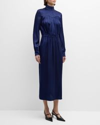 Hot-Fix Embellished Gathered Satin Long-Sleeve Midi Dress