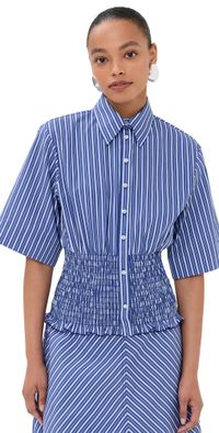 Brandon Maxwell The Harte Button Up Shirt with Smocked Bodice Navy Stripe 4