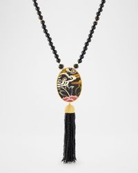Tibetan Rose Oval Marquetry Lariat Necklace with Diamonds and Onyx