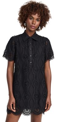 English Factory Scallop Embroidered Cotton Mini Shirt Dress Black XS