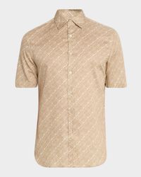 Men's Foliage-Print Cotton Short-Sleeve Shirt