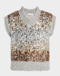Multi-Size Degrade Pailette Mohair V-Neck Sweater