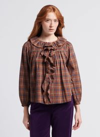 Bellepiece - Blouse col rond volanté à carreaux en coton - Taille M - Marron
