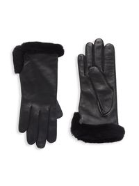 Women's Shearling-Trimmed Leather Gloves - Black - Size Small