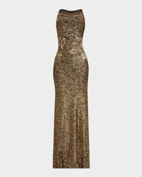 Metallic Sequined Floral Halter Gown
