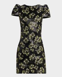 Lacquered Sunflower Jacquard Puff-Sleeve Mini Dress