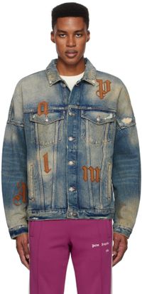 Palm Angels Blouson bleu en denim à écussons à logo surdimensionnés