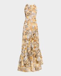 Sicilia Sleeveless Floral-Print Ruffle Gown
