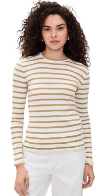 Vince Rib Stripe Long Sleeve Crew Tee Sand Sage Combo S