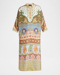 Paisley-Print Silk Lace-Up Midi Dress