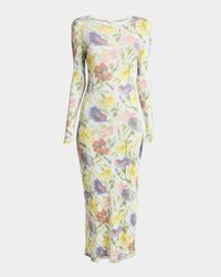 Floral Printed Mesh Tube Long Sleeve Midi Dress