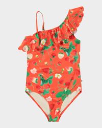 Girl's Laser-Cutout Ruffled One-Piece Swimsuit, Size 8-12