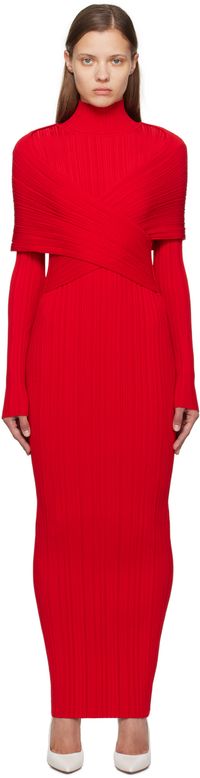 Balmain Robe longue rouge à plis en tricot côtelé
