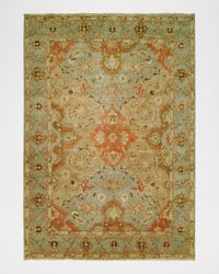 Damask on Blue Hand-Knotted Oushak Rug, 6' x 9'
