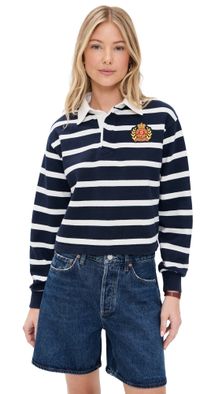 Sporty & Rich NY Crest Rugby Polo White/Navy Large Stripe Gold/C L