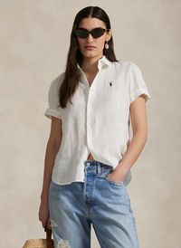 Polo Ralph Lauren - Chemise manches courtes à logo en lin - Taille L - Blanc