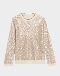 Linen-Silk Paillette Open Knit Crewneck Sweater