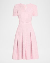 Short-Sleeve Metallic Check Tweed Flare Dress With Belt