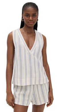 Faherty Dune Cotton Gauze Popover Top Aqua Sea Stripe M