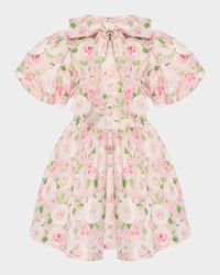 Girl's Floral Puff-Sleeve Dress with Bow, Size 3T-12