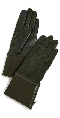 Carolina Amato Suede Back Shearling Cuff & Side Zipper Gloves Olive M