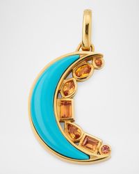 18K Yellow Gold Sapphire and Turquoise Crescent Moon Pendant