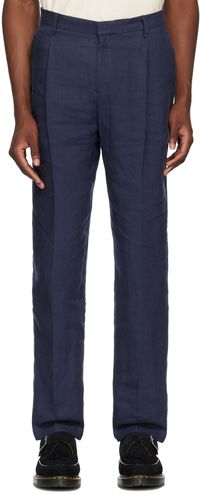 Sunspel Navy Pleated Linen Trousers