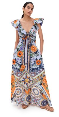 Camilla Tie Front Frill Sleeve Long Dress Luscious In Lisbon S