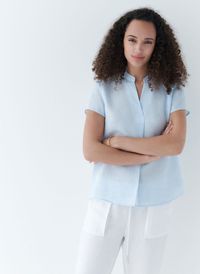Caroll - Top Col V en lin - Taille 46 - Bleu