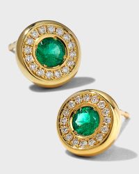 Yellow Gold Emerald Stud Earrings with Diamond Halo