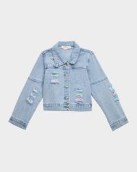 Girl's Distressed Denim Jacket W/ Patches, Size 4-14