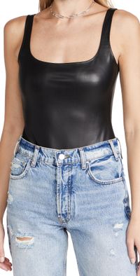 Susana Monaco Faux Leather Low Back Tank Thong Bodysuit Black M