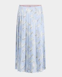Feather-Print Silk Twill Pleated Midi Skirt