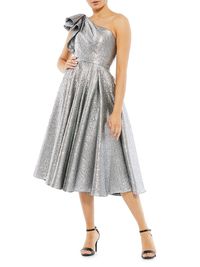 Women's Asymmetric Metallic Tea-Length Dress - Silver - Size 24