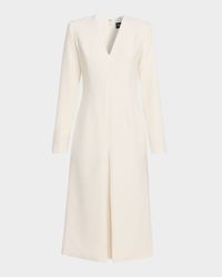 V-Neck Pleated Long-Sleeve Midi Dress