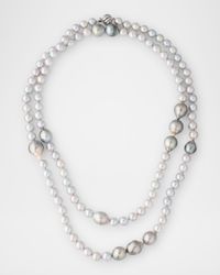 18k White Gold Long Silver, Blue & Gray Pearl Necklace, 40"L