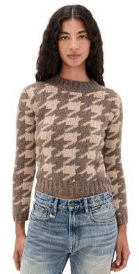R13 Mock Collar Shrunken Sweater Brown With Tan Houndstooth L