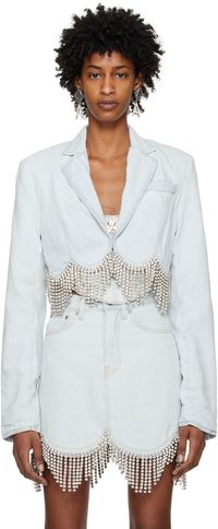 AREA Blouson festonné bleu en denim à ornements en verre taillé