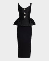 Crystal Button-Front Sleeveless Peplum Midi Dress