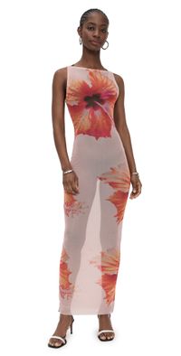 Good American Gauze Mesh Maxi Dress Mauve Tropical Hibiscus L