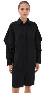 Bite Studios Pleated Sleeve Wool Crepe Shirt Dress Black 38