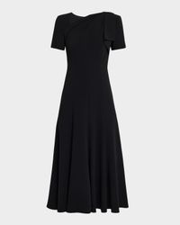 Shoulder Drape Short-Sleeve Light Cady Midi Dress