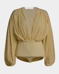 Plunging Gathered Long-Sleeve Bodysuit