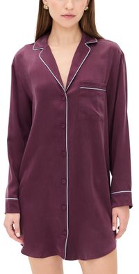 Lunya Washable Silk Piped Sleep Shirt Dress Vintage Merlot/Frosted Lagoon L