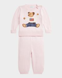 Girl's Flag Bear Intarsia Knit Sweater and Pants Set, Size 3M-24M