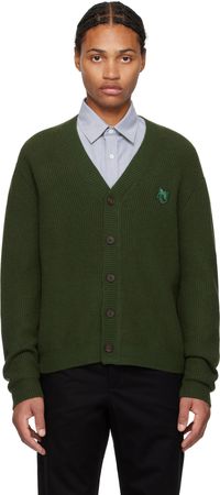 Maison Kitsuné Cardigan vert en tricot côtelé à écusson à logo de renard