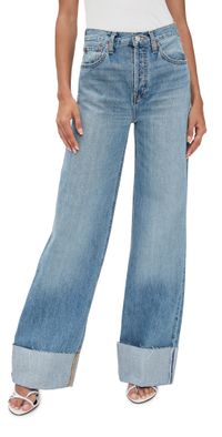 RE/DONE High Rise Wide Leg Cuff Jeans Vintage Biker Blue 28