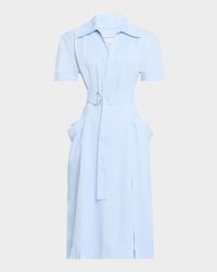 Short-Sleeve Belted Fine Twill Midi Shirtdress