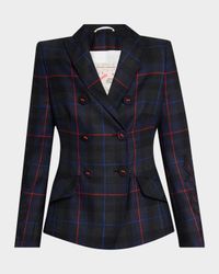 Embroidered-Sleeve Plaid Double-Breasted Jacket